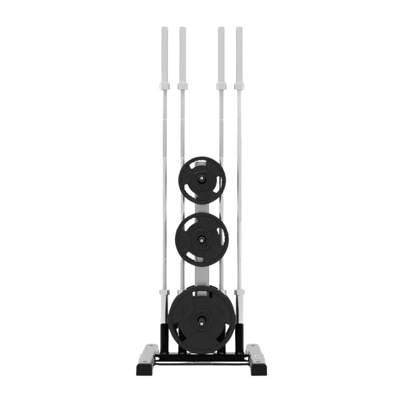 Exigo Olympic Weight Plate Tree with Barbell Storage view of the front