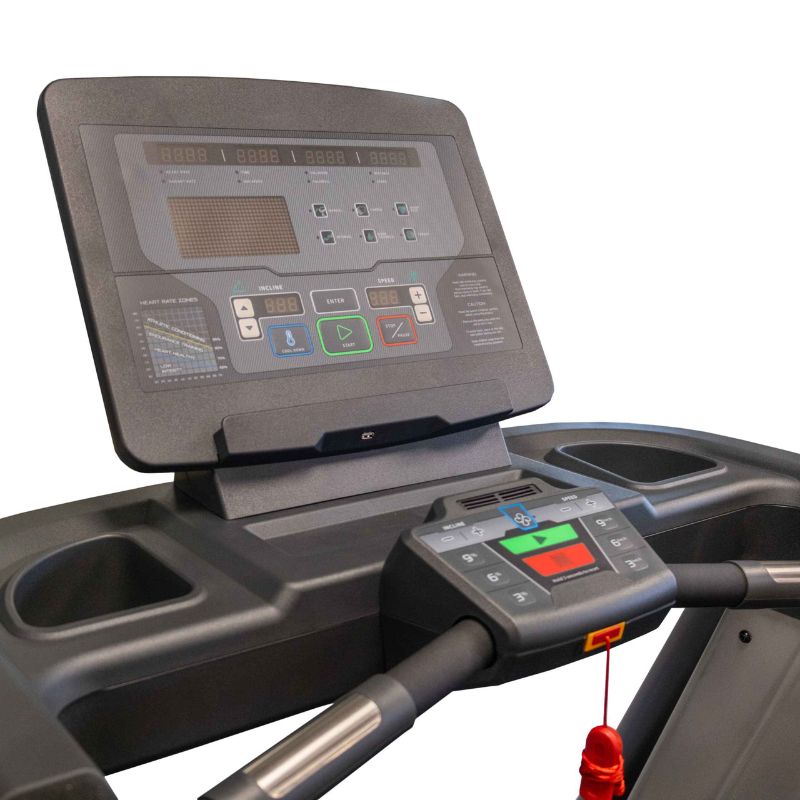 Gym Gear Encore AC4000 Treadmill, light commercial 0.5-12mph 9% incline sideways view of the 18.52 console and the smaller control panel