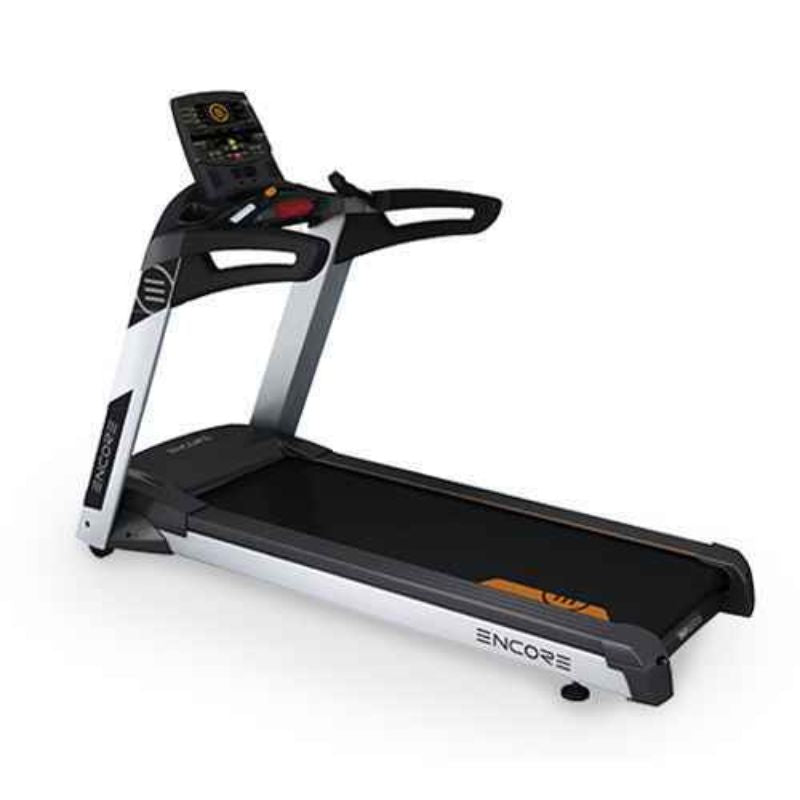 Gym Gear Encore Treadmill light commercial use 3(4.5) peak HP AC motor 0-15% incline 1-20km top speed large running surface sideways view of the treadmill