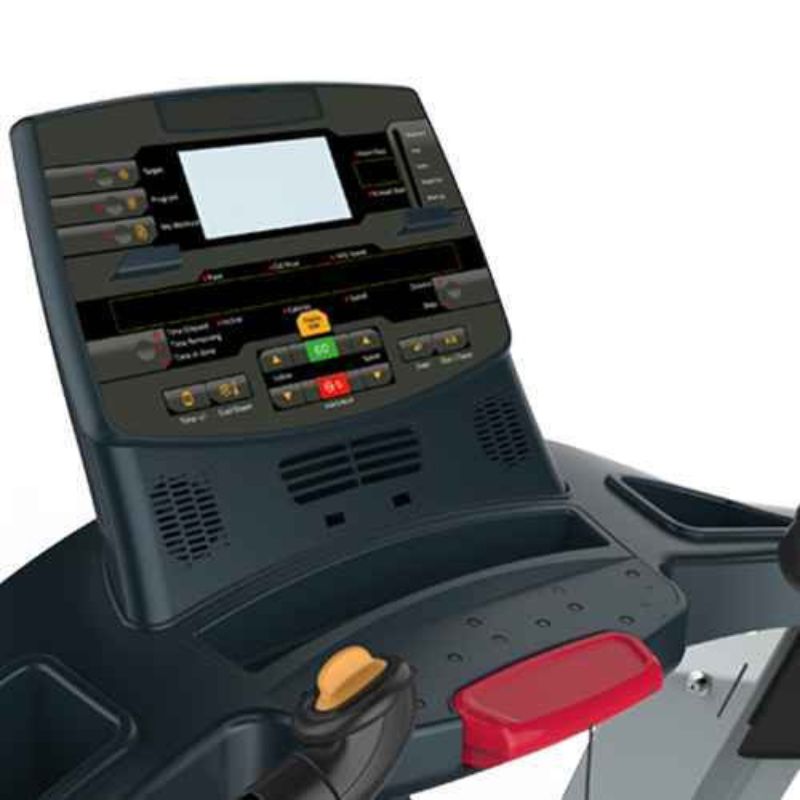 Gym Gear Encore Treadmill light commercial use 3(4.5) peak HP AC motor 0-15% incline 1-20km top speed large running surface sideways view of the console