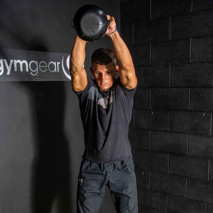 Gym Gear Rubber Kettlebells man doing an american kettle bell swing