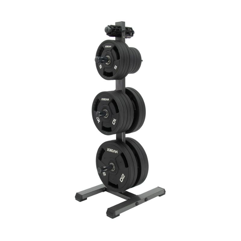 Jordan Olympic Weight Plate Storage Tree in Black or Grey with bumper plates