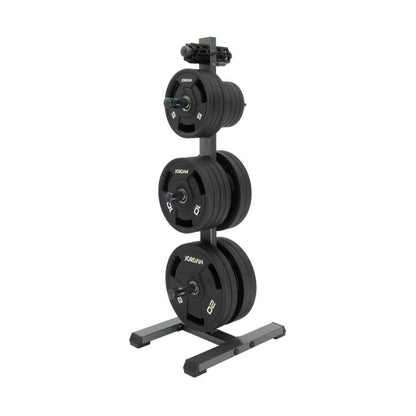 Jordan Olympic Weight Plate Storage Tree in Black or Grey with bumper plates