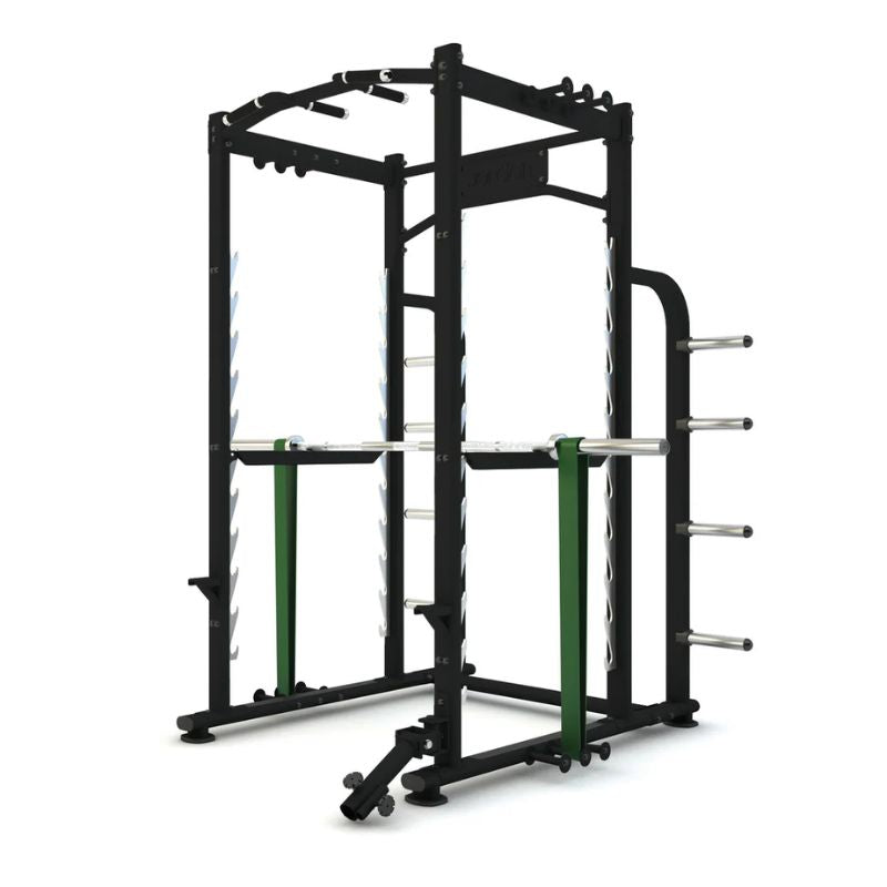 Jordan Power Rack With Land Mine Attachments Dipping Bars Band Training Loops and Chin Up Bar View of barbell and bands