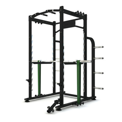 Jordan Power Rack With Land Mine Attachments Dipping Bars Band Training Loops and Chin Up Bar View of barbell and bands