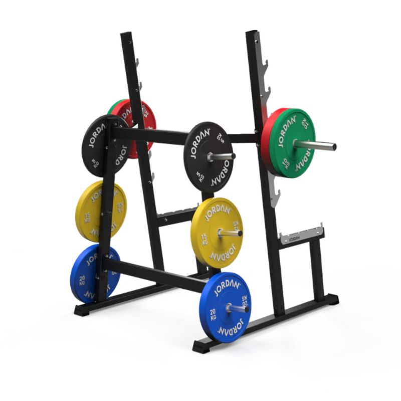 Jordan Squat Rack With Weight Plate Storage in Black or Grey shown with plates