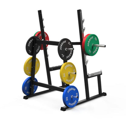Jordan Squat Rack With Weight Plate Storage in Black or Grey shown with plates