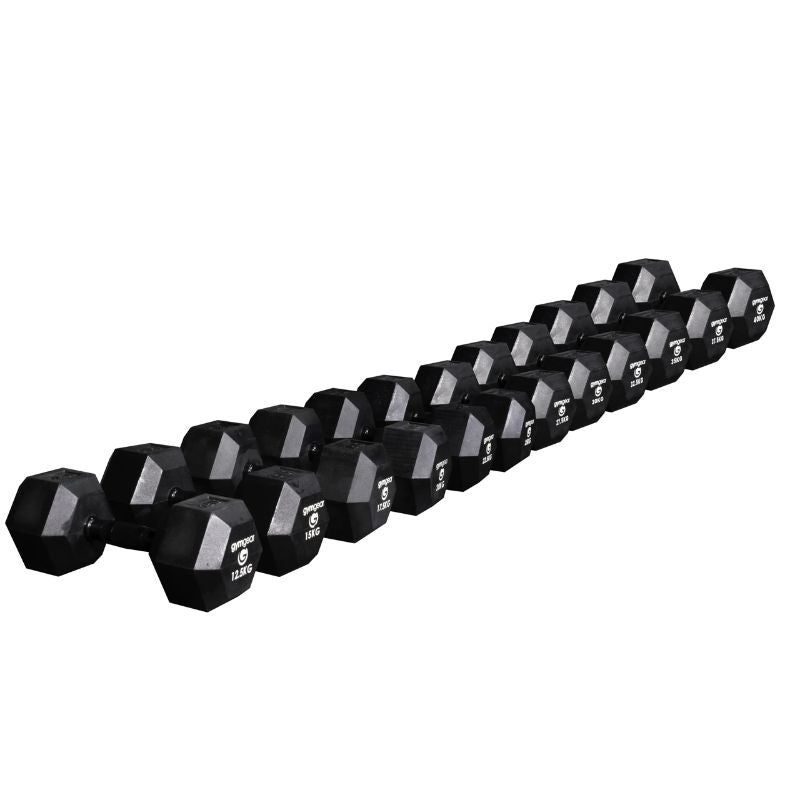 gym gear rubber hex dummbells with black handle 12.5-40kg pairs